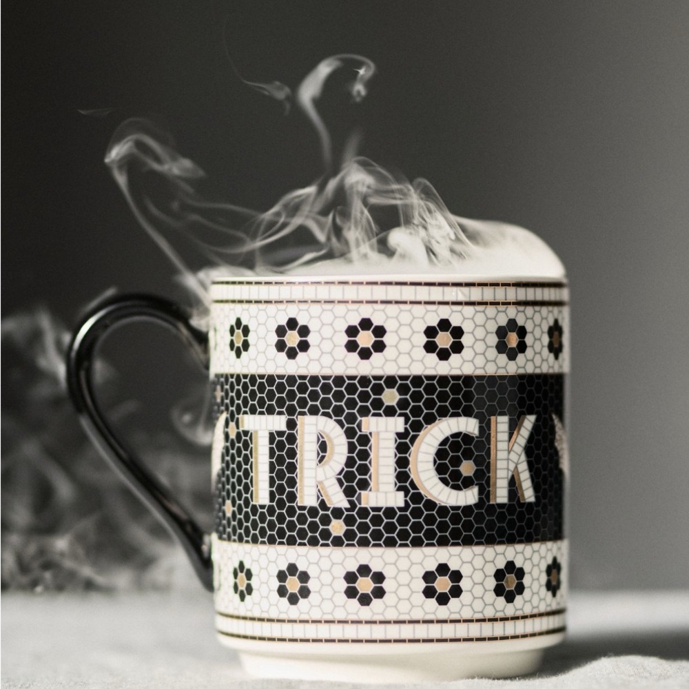 NEW Anthropologie Bistro Tile Halloween Coffee Mug Trick or Treat Bat 24K Gold